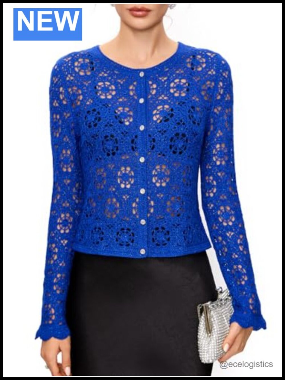 Women's Crochet Cardigan Sweater with Golden Thread Wool Blend Open Front